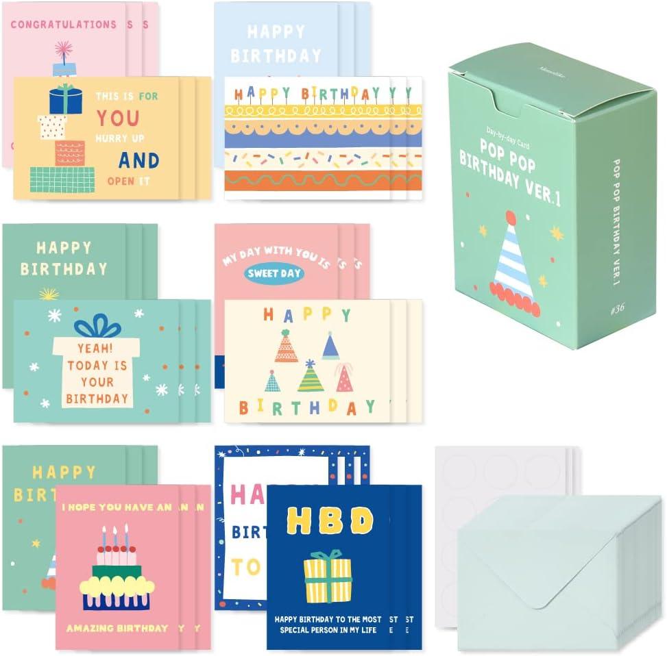 Monolike Day-by-day Card, Pop pop birthday Ver.1 - Mix 36 Mini Single cards, 36 envelopes, 36 stickers Package