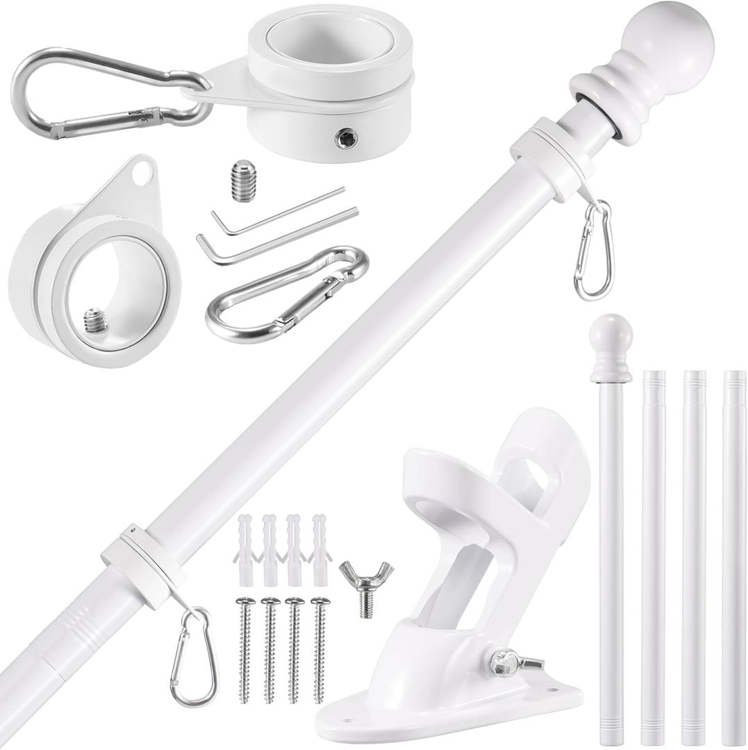 BONWIN White Flag Pole Kit for House, 5FT Thickened Stainless Steel Outside Wall Mount Flagpole for 3x5' Flag, 1" Tangle Free Rotating Flag Pole Rings & 2-Position Bracket Holder for Porch Residential