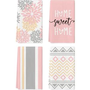 Artoid Mode Pink Stripes Home Sweet Home Boho Kitchen Towels Dish Towels, 18x26 Inch Wedding Decoration Hand Towels Set of 4 (Pink)