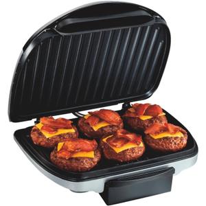 Hamilton Beach Electric Indoor Grill, 6-Serving, Large 90 sq. in. Nonstick Easy Clean Plates, Floating Hinge for Thicker Foods, 1200 Watts, 6.38"D x 12.68"W x 13.78"H , Silver (25371)