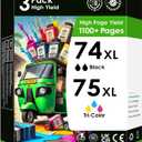 Compatible Ink Cartridge Replacement for HP 74/75XL. Works with Officejet J6480 J5780, Deskjet D4260 D4360 Photosmart C4280 C5280 C4480 Printers. 3 Pack (2 Black, Tri-Color)