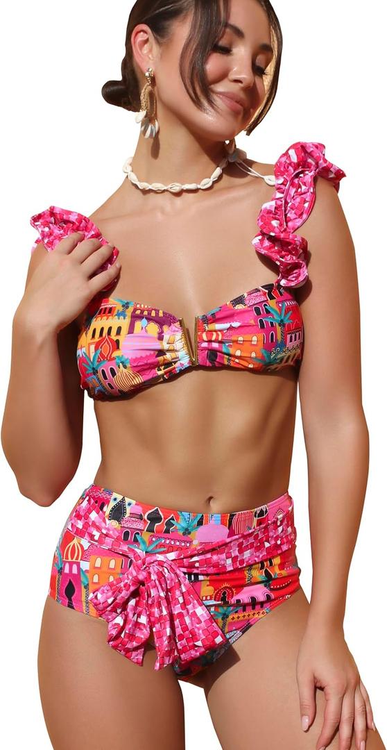 SPORLIKE Women High Waisted Swimsuit Flounce Straps Bikini Bathing Suit (Pink, Large)