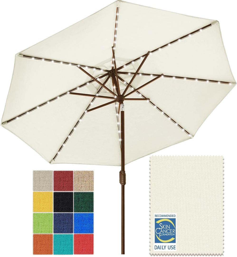 EliteShade USA 10-Year-Non-Fading 9ft Market Patio Umbrella, Commercial Grade Table Sun Umbrella with 80 Solar LED Lights, Crank Open, Windproof & UPF 50+ UV Protection for Garden, Deck, Pool, Backyard, Natural