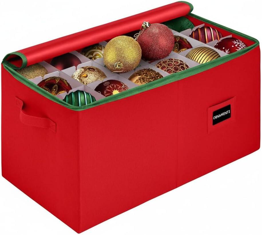 Christmas Ornament Storage Container with Dividers - Box Stores Up to 54-4" Ornaments, Zippered, Convenient, Adjustable, Large Organizer Bin to Protect and Store Holiday Dcor, Red with Green Trim
