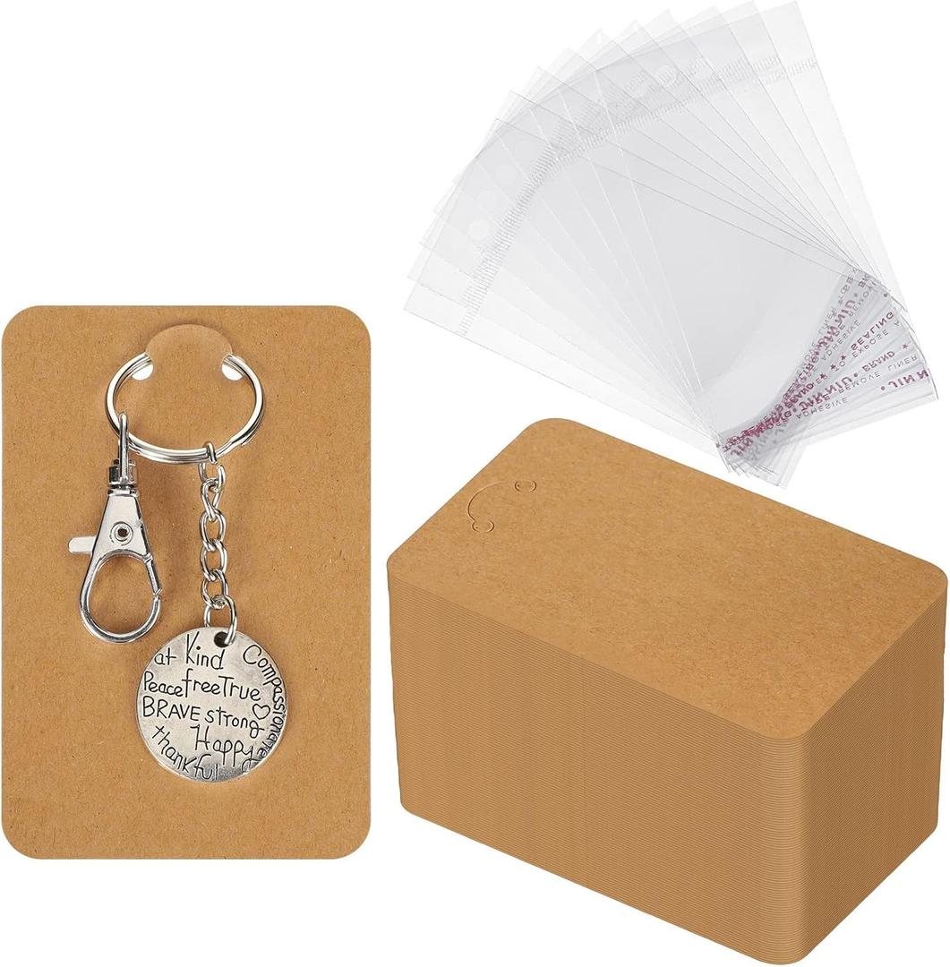 320 Pcs Keychain Display Cards Self Sealing Bags 2.3 x 3.5 Inch Jewelry Cards for Selling Small Business Necklace Packaging (Kraft Color)
