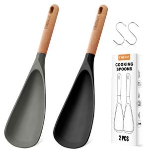 FINENUT 2-Pack Silicone Cooking Spoons with Wood Handle & S-Hooks - Heat Resistant 446°F Spoonula for Nonstick Cookware - BPA Free Multifunction Spatula Spoon for Mixing, Scooping&Serving (Black&Gray)