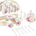 15 Piece European Ceramic Tea Sets,Bone China Coffee Set with Metal Holder,Colorful Rose Painting Pumpkin Coffee Tea Pot