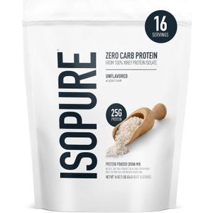 Isopure Zero Carb 100% Pure Whey Isolate Protein Powder, Lactose Free, Gluten Free, with Vitamins, Unflavored, 25g Protein Per Serving, 1 Lb, 16 Servings (Packaging May Vary) (EXP 08/10/27)