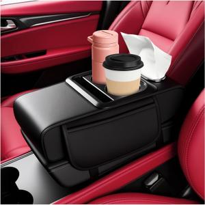 5-in-1 Car Armrest Storage Box,Multifunctional PU Leather Organizer with Phone Holder & Cup Holder & Side Pockets,Universal Car Armrest Cushion Fit for Most Cars SUVs