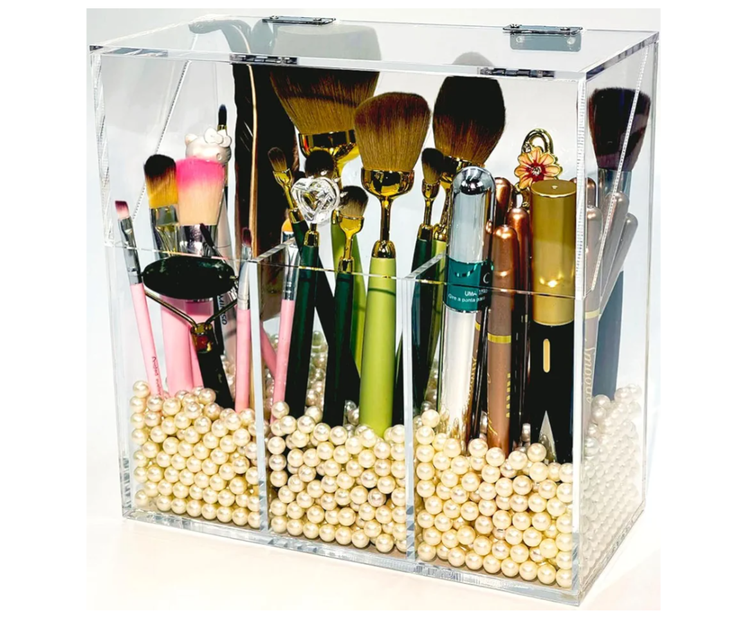 Acrylic Makeup Organizer,Clear Cosmetic Brush Storage Box With 3 Brush Holders,with Dust Cover, Large-capacity Split Design can Quickly Organize the Desktop (with 3 bags of white pearls)