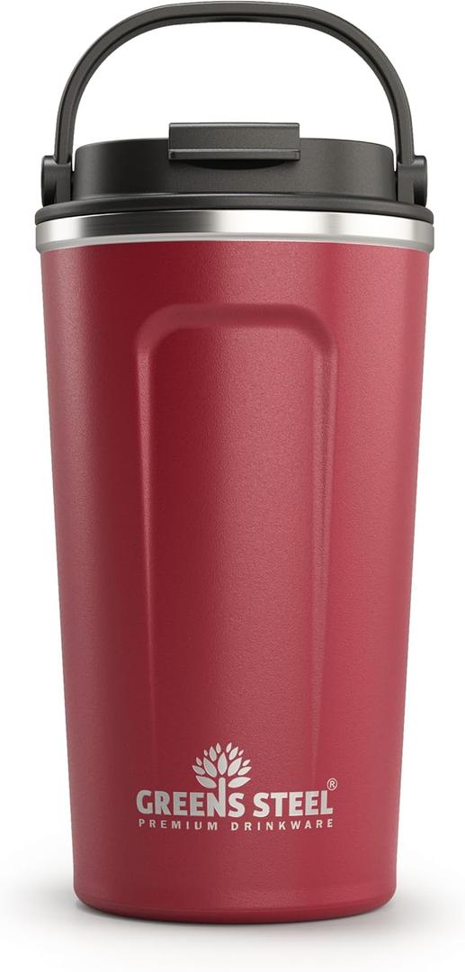 Reusable Coffee Cup with Lid and Handle - Stainless Steel Insulated Coffee Mug for Hot & Cold Drinks - Ideal Travel Mugs - 100% Leak-Proof Tumbler - 16 oz Red