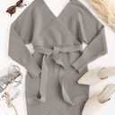 ZESICA Women's Fall Long Batwing Sleeve Wrap V Neck Knitted Backless Bodycon Pullover Sweater Dress with Belt,Grey,Large