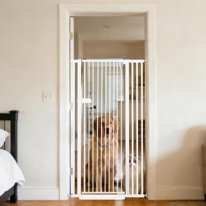 Lumizone Extra Tall Cat Gate 55.12" High Pressure Mounted Extra Wide 2025 New (17 Sizes) 1.37" Gap No Drilling Auto-Close One-Handed Operation Tall Pet Gate for Dogs (White, 55.12" H x 34.25"-38.38" W)