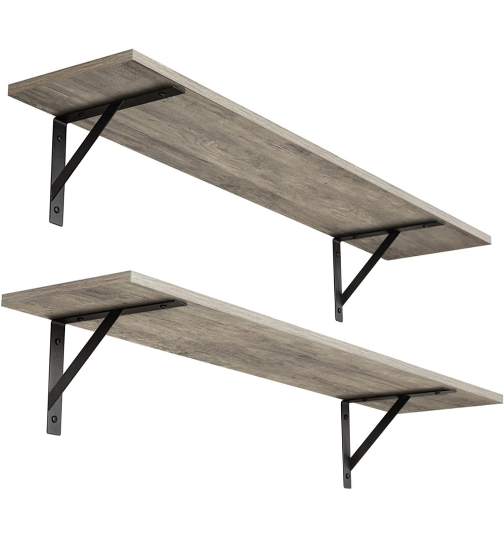 DINZI LVJ Long Shelf, 31.5 Inch Large Wall Mounted Shelves Set of 2, Easy-to-Install, Display Ledges with Sturdy Metal Brackets for Living Room, Bathroom, Bedroom, Kitchen, Laundry Room, Gray Wash