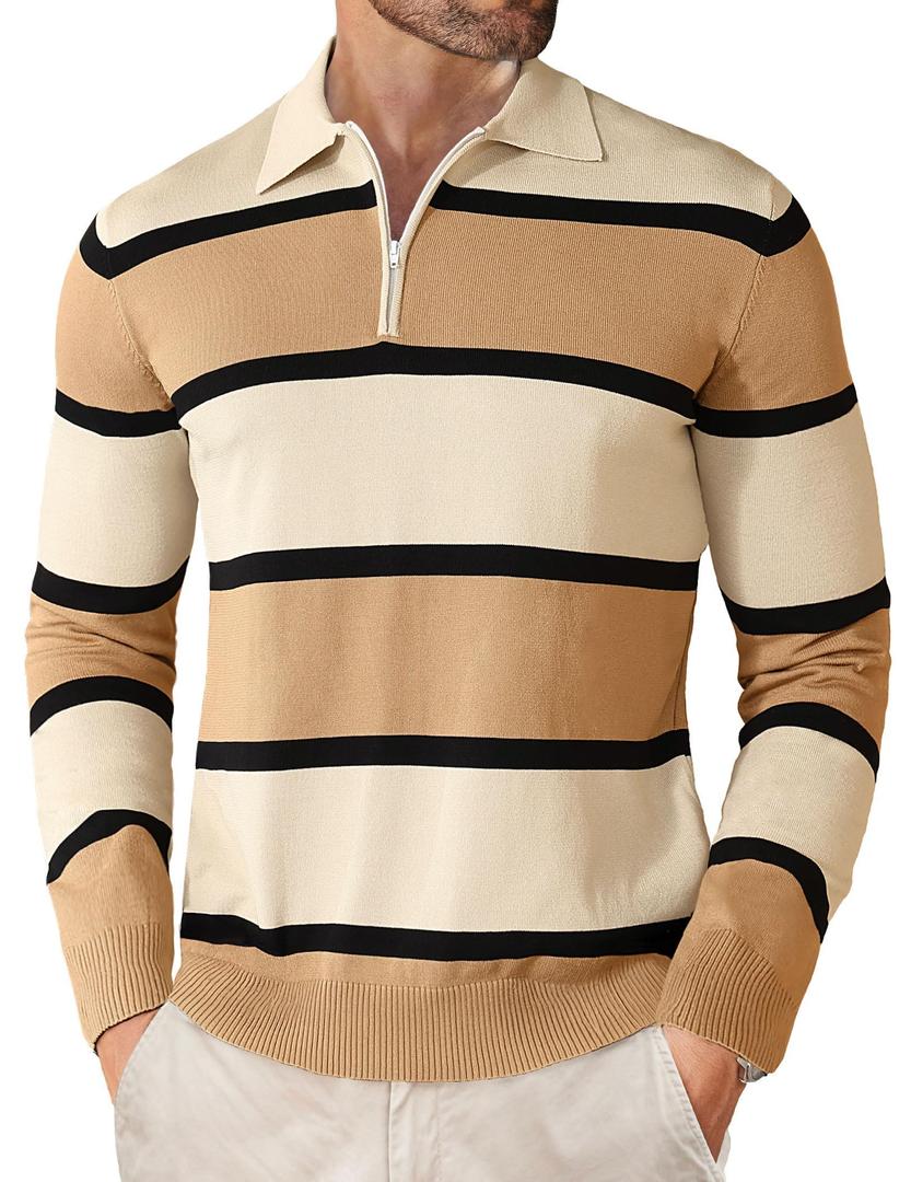 EDITCOZY Men Long Sleeve Polo Shirts Casual Vintage Striped Golf Shirts Knit Rugby Shirt Lightweight Polo Sweater Apricot M
