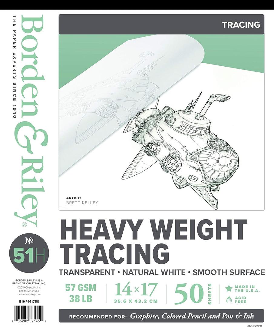 Borden & Riley 14" x 17" #51H Monroe Triple T Parchment Tracing/Heavy Paper Pad, 38 lb., 50 White Sheets, 1 Pad Each