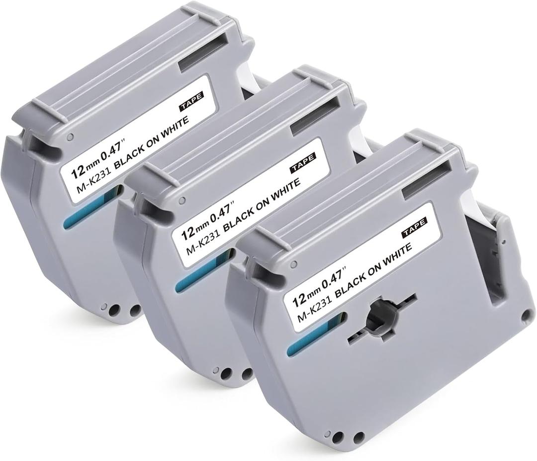 Ptouch M Tape Replacement for Brother M Tape M-231 M-K231s 12mm 0.47 Inch Black on White MK231 Label Work with Brother P-Touch PTM95 PT55 60 65 70 80 90 95 3-Pack
