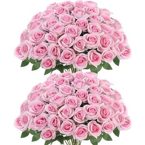 Sggvecsy 50 Pcs Artificial Roses Fake Flowers Velvet Silk Roses with Stems Bulk Realistic Faux Flowers for Bridal Bouquets Wedding Centerpieces Valentines Day DIY Home Party Decor (Pink)