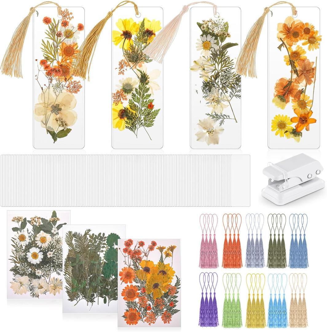 Fuyoooo 376 Pcs Dried Flower Bookmark Making Kit, DIY Bookmark Laminating Pouches with Tassels and Puncher DIY Project Gifts for Mother's Day Women Book Lovers (Light Colors,2 x 6 Inch)