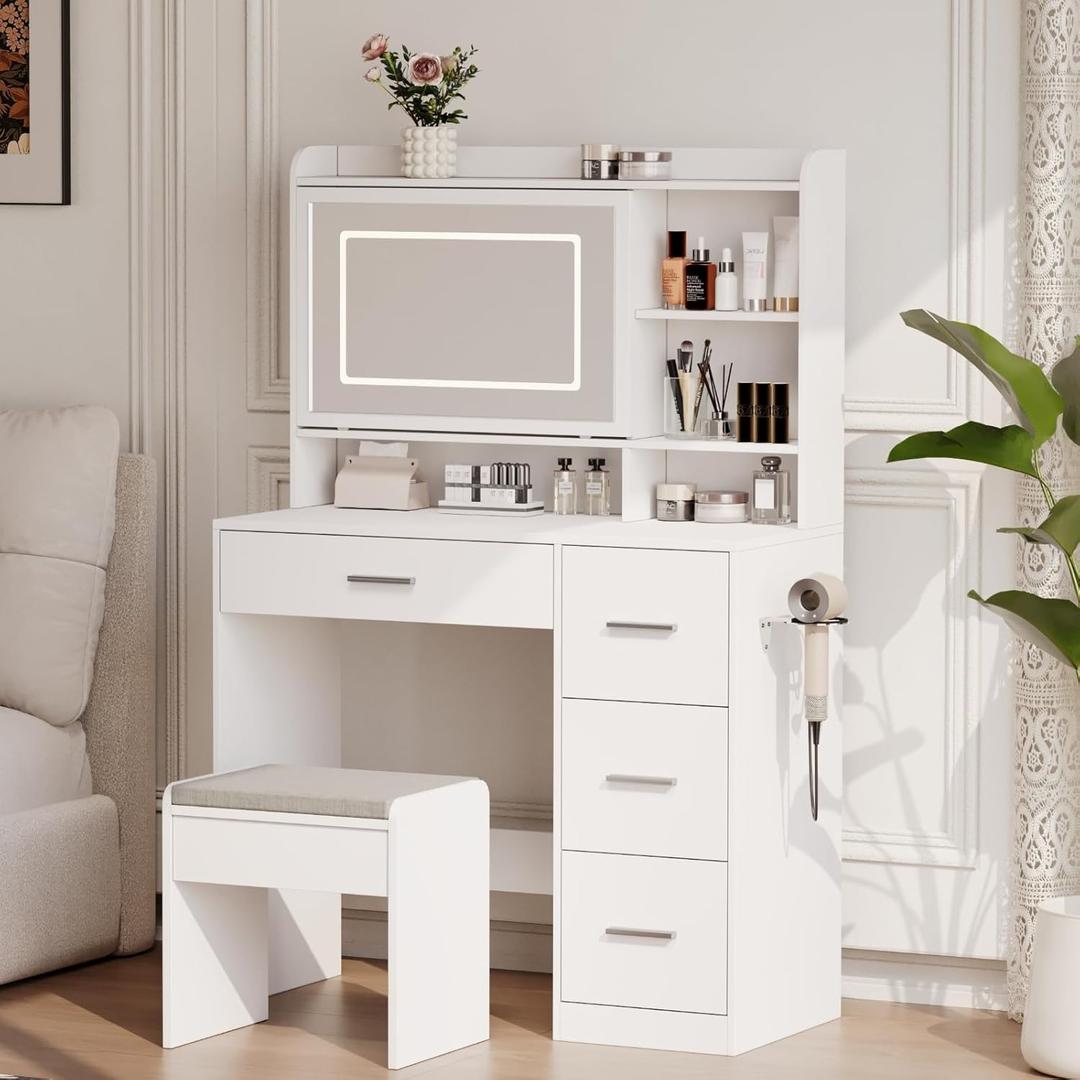 Viaozutis Vanity Desk with a Mirror and Lightswith Chair and Four Drawers, Three Adjustable Lighting Modeswith Power Outlet and Sliding LED Mirror,Bedroom Vanity Desk (White)