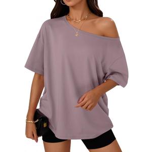 Trendy Queen Womens Off The Shoulder Tops Oversized T-Shirts Short Sleeve Tees Summer 2025 Casual Spring Fashion Clothes (Purple, L)