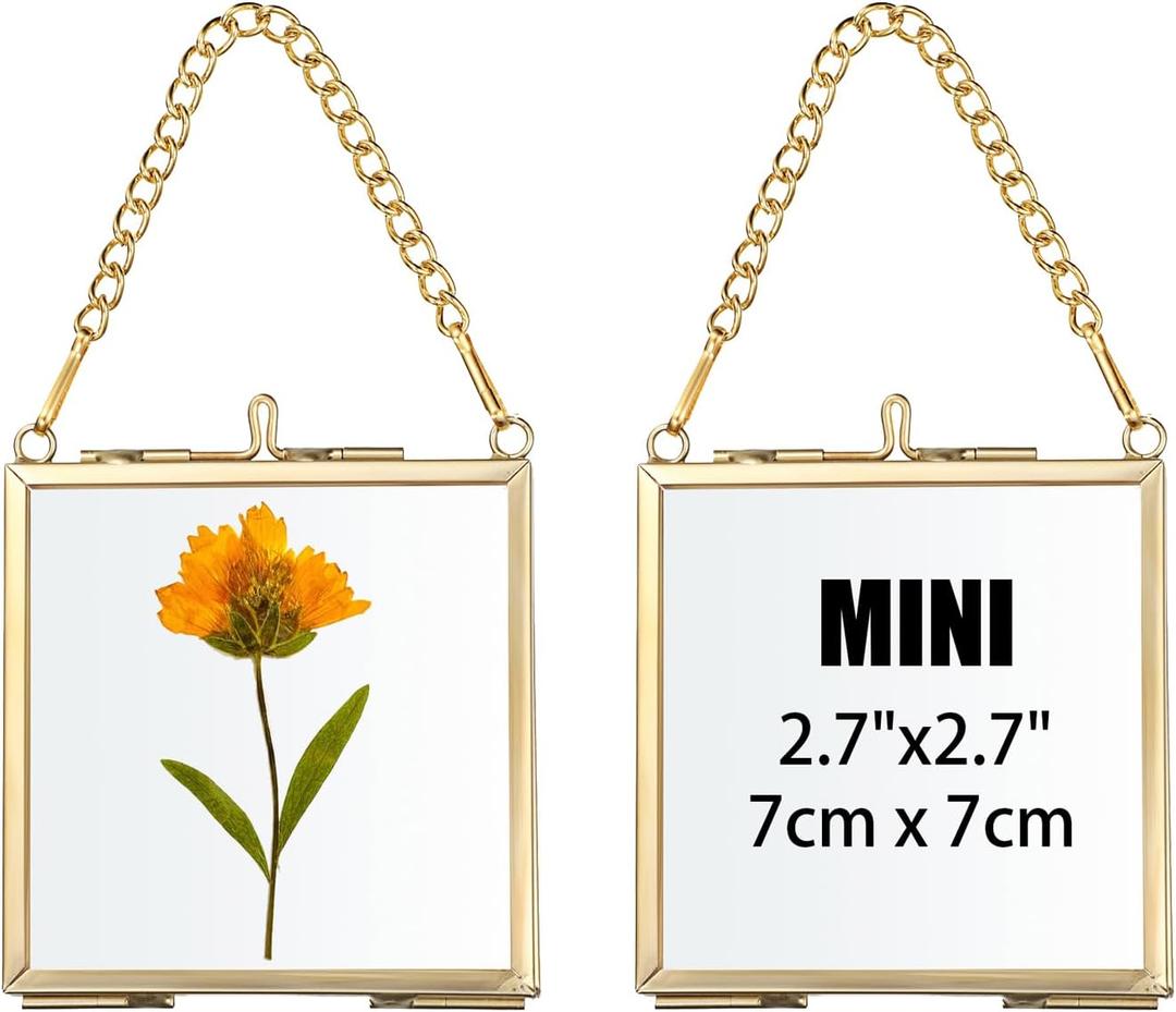 JUXYES 2 Pack Wall Hanging Mini Brass Glass Ornament Frames, Square Floater Picture Artwork Display Frame, Double Glass Floating Tiny Frames Gallery Wall Frame for Photo, Picture, Pressed Flower, Gold