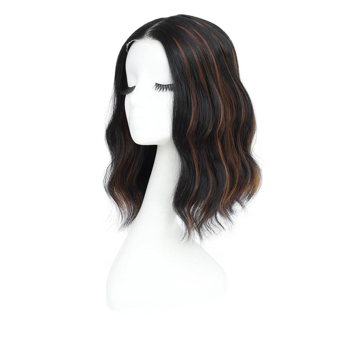 Rushinice Short Wavy Black Mixed Brown Wig for Women, Lace Hairline Middle Part Bob Style Heat Resistant Synthetic Wigs Natural Looking for Daily Party 14 Inch