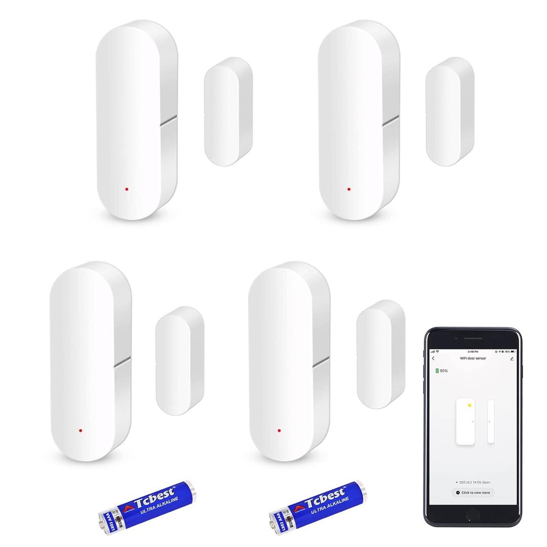 WiFi Door Sensor, Smart Window Contact Sensor for Home Security, Wireless Window Door Sensor Alarm Compatible with Alexa and Google Assistant, No Hub Required, (8 AAA Batteries Included) 4 Pack