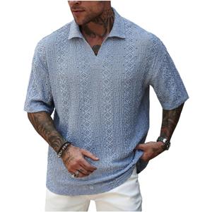 SOLY HUX Men's Summer Collared V Neck Textured Golf Shirts Boho Casual Short Sleeve Shirt Tops (L)