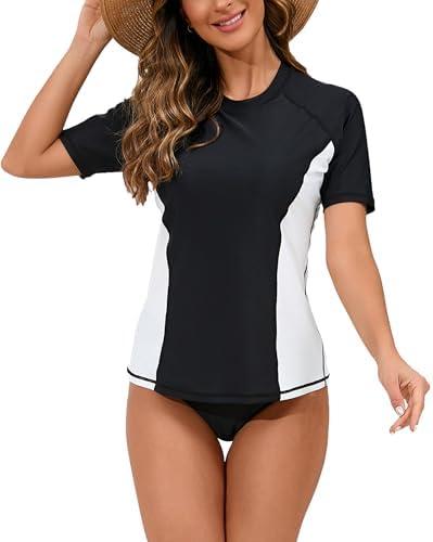 Halcurt Women's Short Sleeve Rash Guard Swimsuit Top with Built in Bra Swim Shirt UPF50+ Quick Dry Bathing Suit L