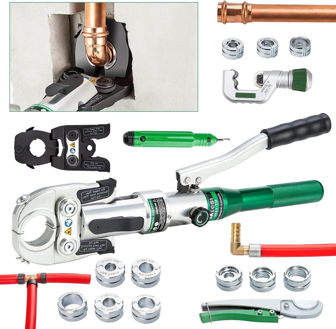 IBOSAD Hydraulic Copper Pipe Tube Fittings Crimping Tool with1/2,3/4,1" for Copper and F877 Stainless PEX Press,3/8 to 1" for F1807 Pex Pipe (with extra Multi-directional Jaw)
