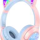 TECKNET Cat Ear Kids Bluetooth Headphones, Kids Headphones Wireless with Detachable Cable, 70H Playtime, 74/85/94dB Volume Limiting, Bluetooth 5.3, Built-in Mic, LED Light-Up, for iPad, PC, School
