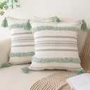 Boho Throw Pillow Covers 18x18 Set of 2 Woven Tufted Farmhouse Pillows Cover with Tassels Textured Striped Cushion Case Neutral Pillow Cases Decorative Pillowcase for Sofa, Couch, Bed, Light Green