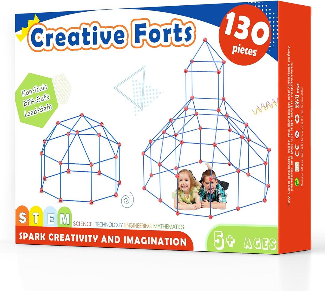 Tiny Land Fort Building Kit Creative Fort Indoor Outdoor for 5,6,7,8 Years Old Boys and Girls STEM Building Toys with Storage Bag DIY Castles Tunnels with 86 Rods and 44 Balls (130PCS, Red-bule)