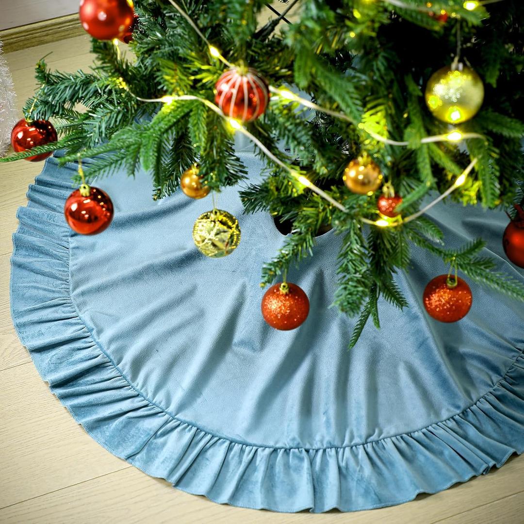 Hiboom Dusty Blue Velvet Christmas Tree Skirt Elegant Retro Xmas Decoration Holiday Party Decor Soft Velvet Fold Edge Home Decor Merry Christmas Party Xmas Tree Decorations 36in