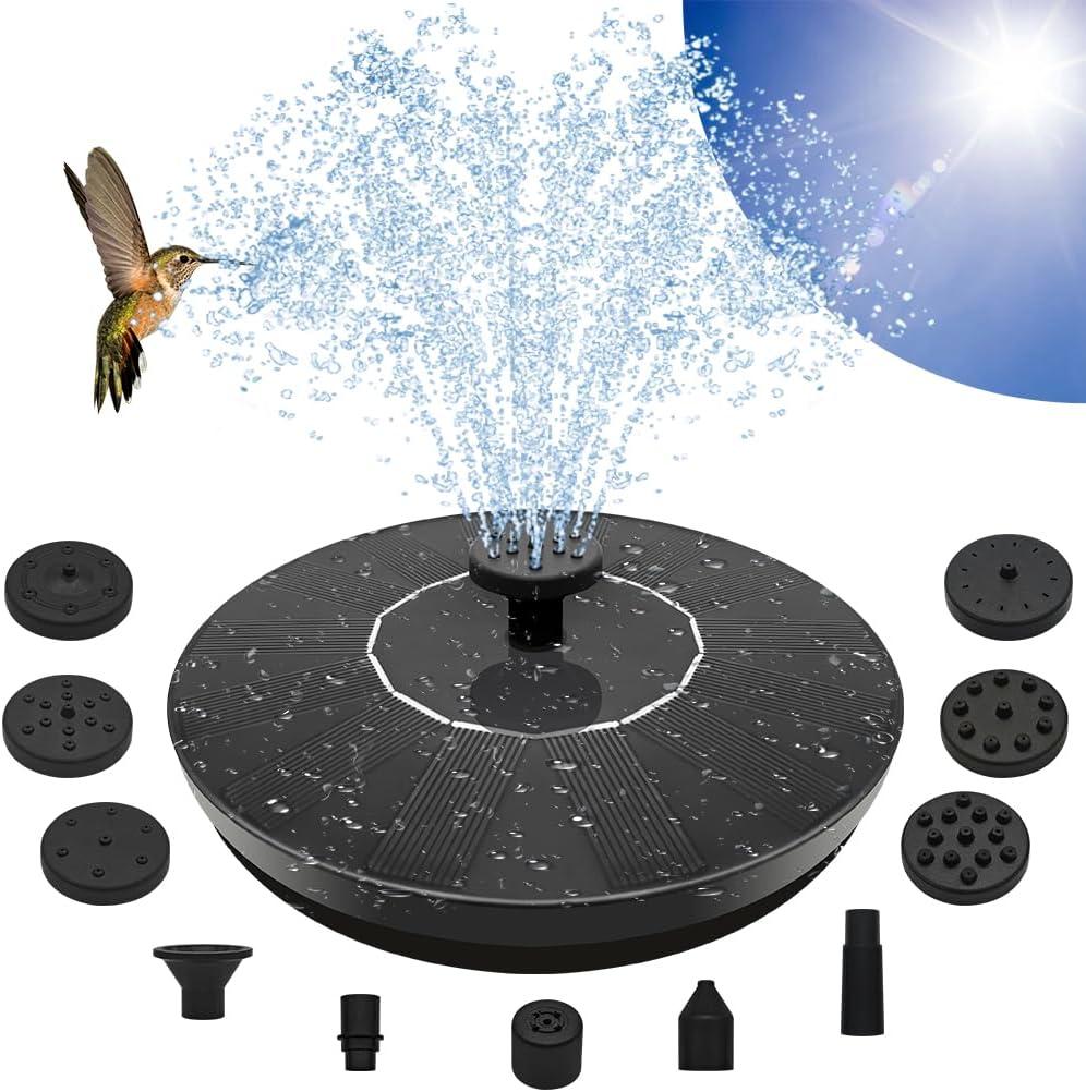Solar Fountain Pump, Garden Bird Bath Solar Water Fountain Feature 1.5W Powered Pump Outdoor Waterfalls Freestanding with 8 Nozzles for Pond Pool Backyard Decor