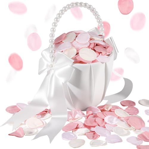Wedding Flower Girl Basket with 300 Pieces Artificial Pink Silk Rose Petals, Flower Girl Baskets for Wedding, Pearl Handle and Ribbon Bow Wedding Basket for Romantic Wedding Ceremony Party Decoration