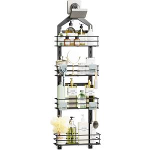 Orimade Adjustable Anti-slip Hanging Shower Caddy over Shower Head,Rustproof Bathroom Hanging shower Organizer with 4 Hooks for Razor,No Drilling Shower shelves Storage Rack,Black 4 Tier