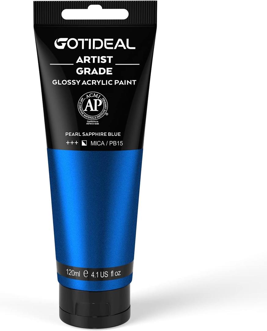 GOTIDEAL Metallic Acrylic Paint Pearl Sapphire Blue Tubes(120ml, 4.1 oz) Non Toxic Non Fading,Rich Pigments for Painters, Adults & Kids, Ideal for Canvas Wood Clay Fabric Ceramic Craft Supplies (Cerulean Blue)