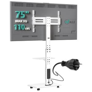 WALI Rolling TV Stand with Power Outlet & AV Shelf, Mobile Tall TV Stand Mount on Wheels for 34-75 inch TV up to 110 lbs, Swivel Height Adjustable TV Cart with Wood Base for Bedroom(TVDVD-6PRW), White