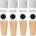 Set of 4 Nature Wood Furniture Leg, 4 Inch Round Sofa Feet Replacement Legs, Chair Bed Closet Cabinet Furniture Feet with Metal Mounting Plates,Screws, Floor Protector Pads for Table Couch