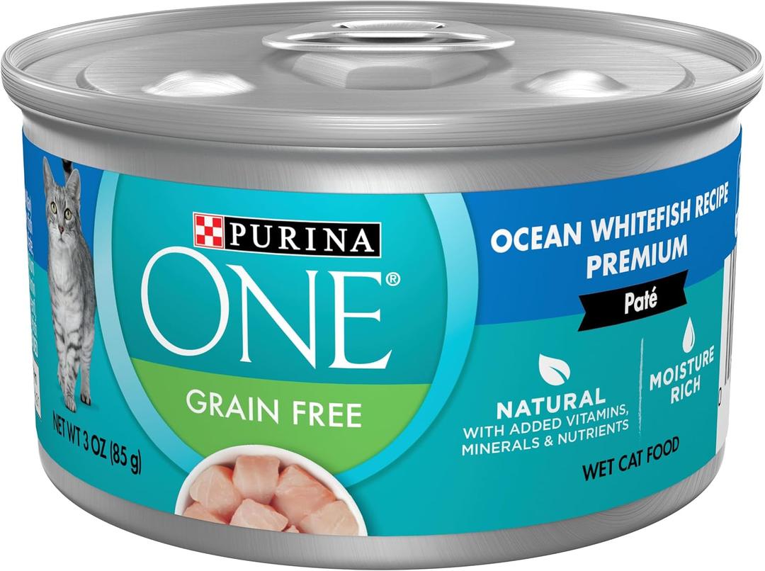 Purina ONE High Protein Grain Free Wet Cat Food Pate, 12 Pack 3 oz Cans High protein, moisture rich, ocean whitefish pate recipe made with no artificial colors, flavors or preservatives EXP: 03/2028