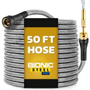 Bionic Steel PRO 50 Ft Metal Garden Hose with Nozzle, Water Hose Made from Heavy Duty 304 Stainless Steel, Flexible, Lightweight, Brass Fittings, Non Kinking, 500 PSI