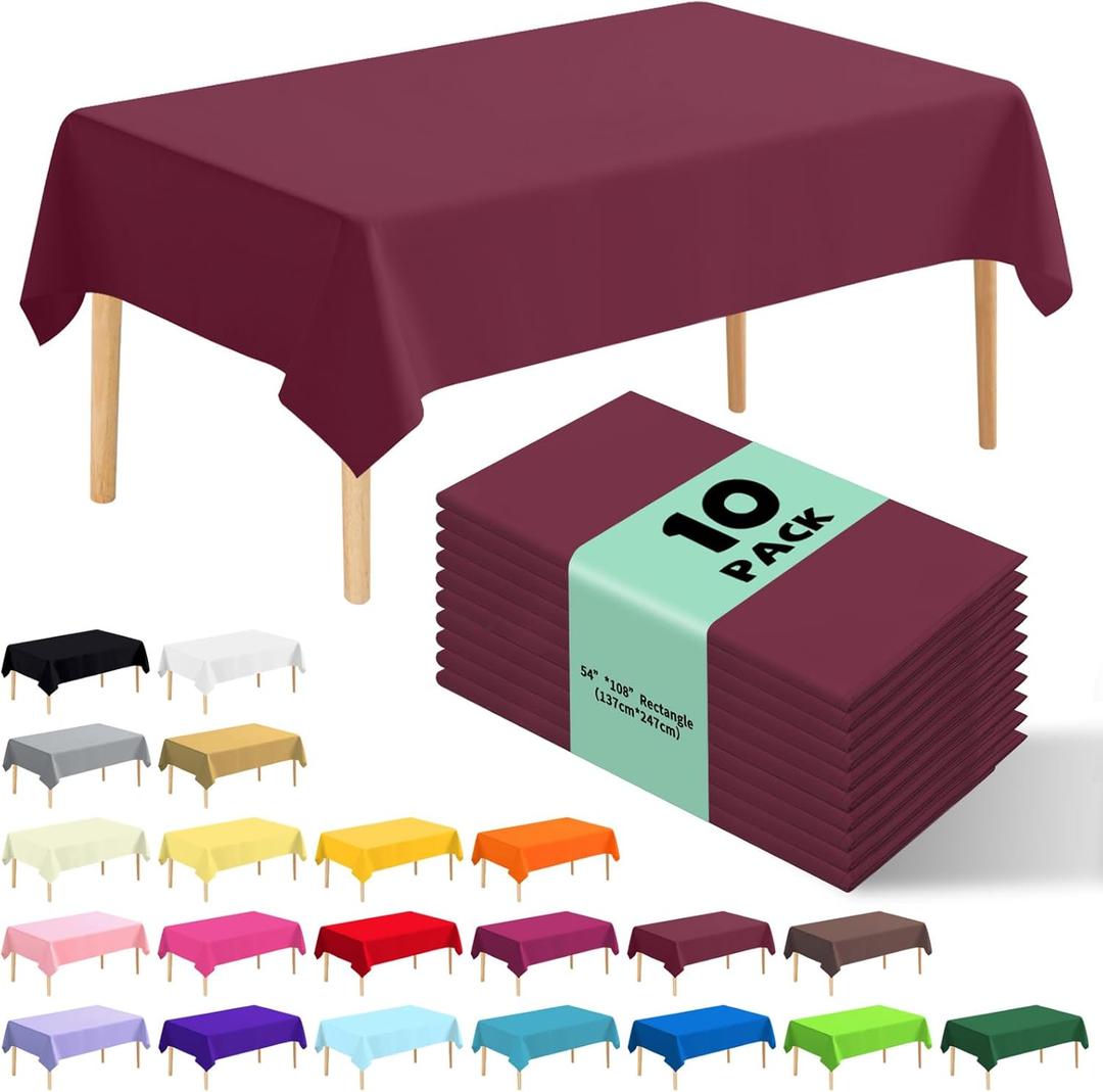 10 Pack Premium Disposable Plastic Tablecloth 54" X 108" Rectangle Table Cover for Birthdays Weddings Christmas Anniversary Buffet Table (Burgundy)