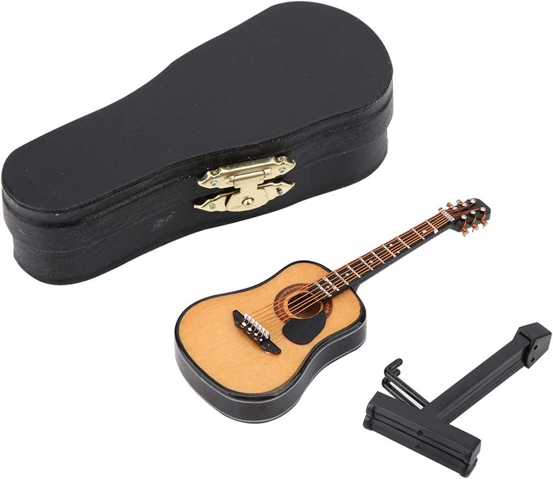 Miniature Guitar Model, Wooden Mini Guitar with Stand and Case, Dollhouse Guitar, Musical Instrument Model Home Decor(10CM)