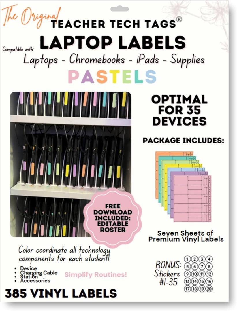 Classroom Color Coded Chromebook Laptop Labels for Student Classroom Devices (Pastel Colors, Qty for 35 Devices)