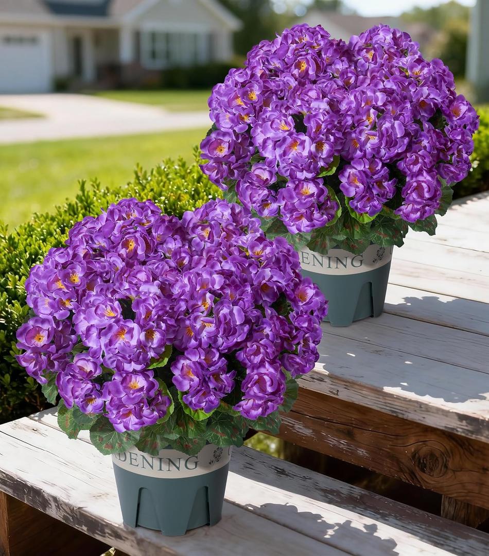 Geraniums Artificial Flowers for Outdoors, 2 Pack Potted Plants Purple Faux Geraniums Bush Artificial Topiaries Realistic UV Resistant Fake Flowers Greenery for Outside Garden Porch Patio Yard Indoor