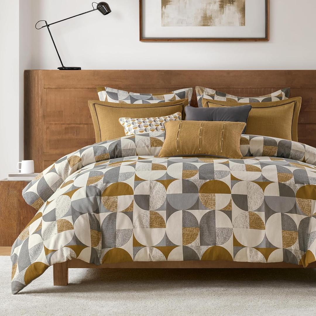 Madison Park Queen Comforter Set Jacquard Scandinavian Geometric Oversized Comforters Queen Size Bed, All Season Bedding Queen Size Comforter, Shams, Pillows, Cirque, Queen Gold 8 Piece
