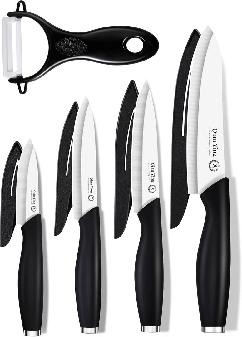 Ceramic Knife Set for Kitchen with Sheath: 100% Zirconia Pure Ceramic Sharp Blade Fruit Cutting Knives 9Pcs with Cover Rustproof Clean Cut Edge Black Handle, No Scratches on Titanium Cutting Boards