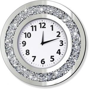 DMDFIRST Crystal Crushed Diamond Mirrored Wall Clock, 16x16 Inch Silver Glass Round Decorative Clock, Silent Quartz Movement (No Second Hand), Modern Sparkle Home Decor (AA Battery Not Included), Large